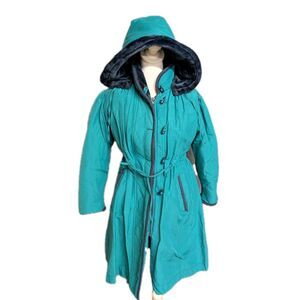 Vintage 80s Rothschild Parka Coat Green Faux Fur Hooded Winter Cinched Waist **